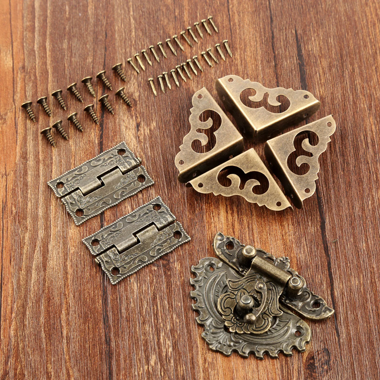Furniture Hardware Hinges - 7ピース/セットアンティークブロンズパドロックラッチハチューヒンジコーナープロテクター家具装飾ハードウェアレトロ